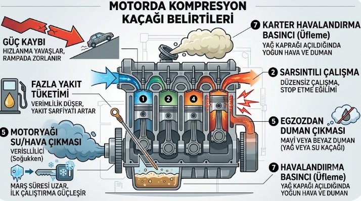Motorda kompresyon kaçağı belirtileri