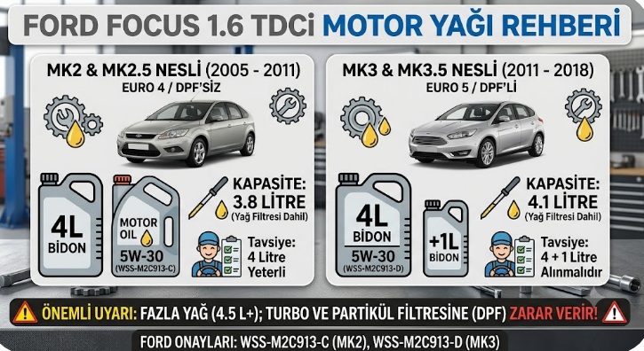 Ford Focus 1.6 tdci motor yağı kaç litre