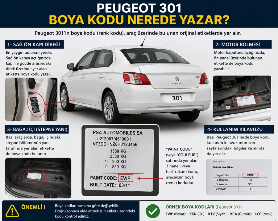 Peugeot 301 boya kodu nerede yazar