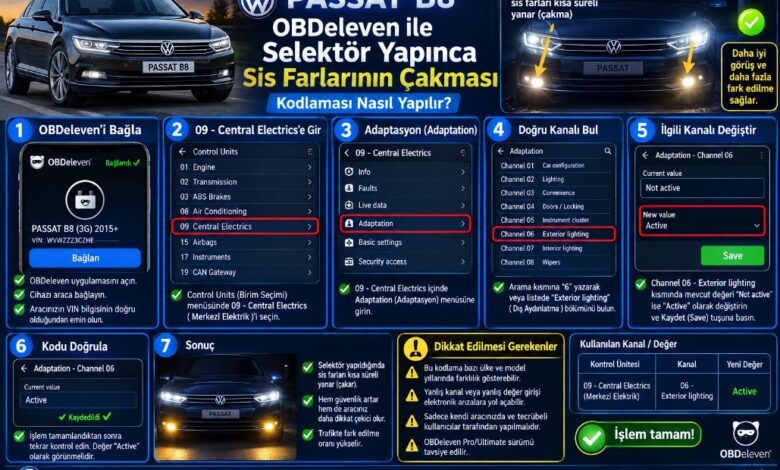 OBDeleven ile Passat B8 selektör yapınca sis farlarının çakması kodlaması nasıl yapılır